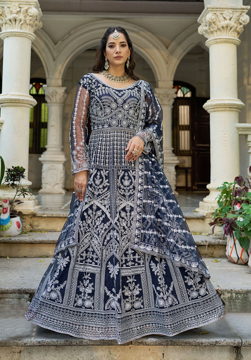Navy Blue Embroidered Net Gown with Dupatta for Formal Occasions