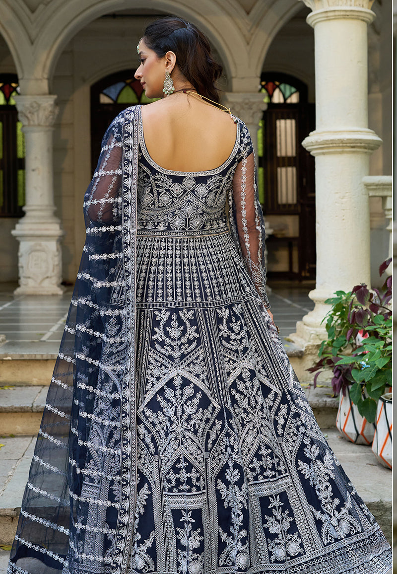Navy Blue Embroidered Net Gown with Dupatta for Formal Occasions