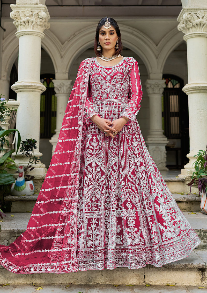 Rani Pink Embroidered Net Gown with Matching Dupatta Set