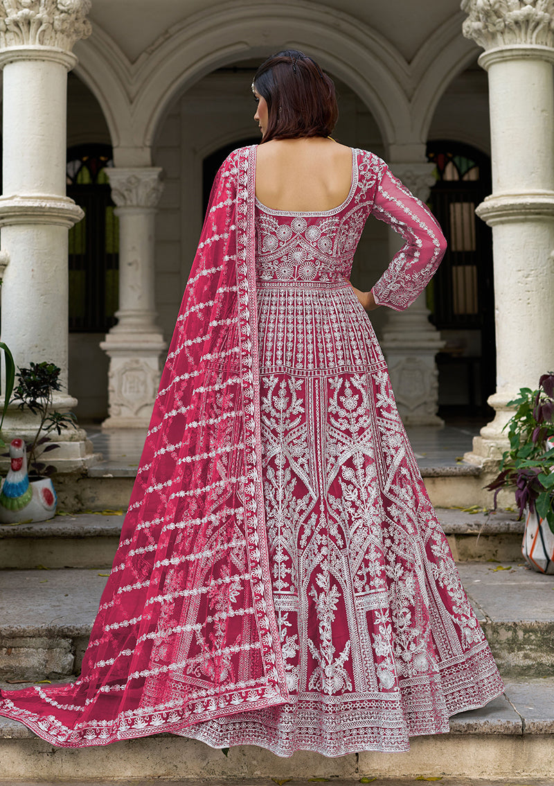 Rani Pink Embroidered Net Gown with Matching Dupatta Set