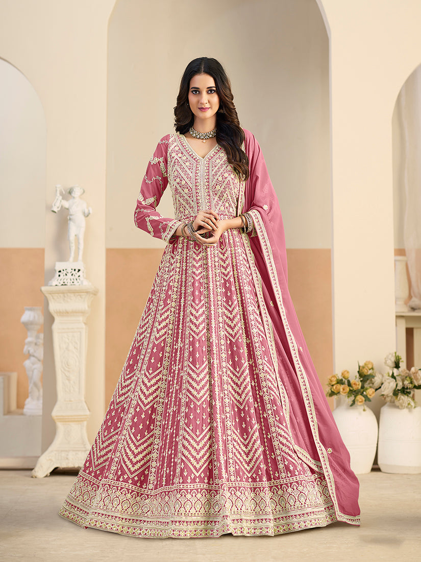 Pink faux georgette Anarkali salwar kameez with intricate embroidery detailing
