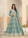 Turquoise faux georgette Anarkali salwar kameez with embroidered details