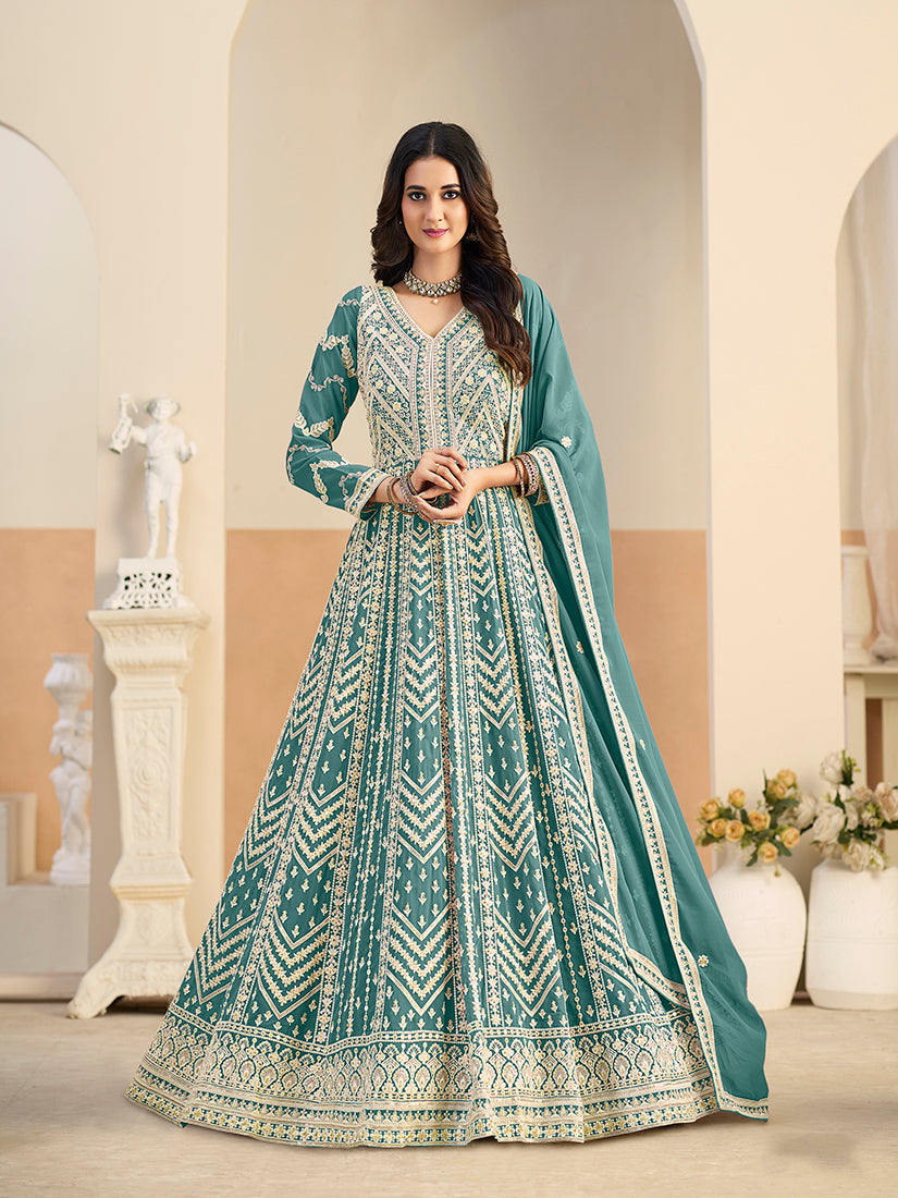 Turquoise faux georgette Anarkali salwar kameez with embroidered details