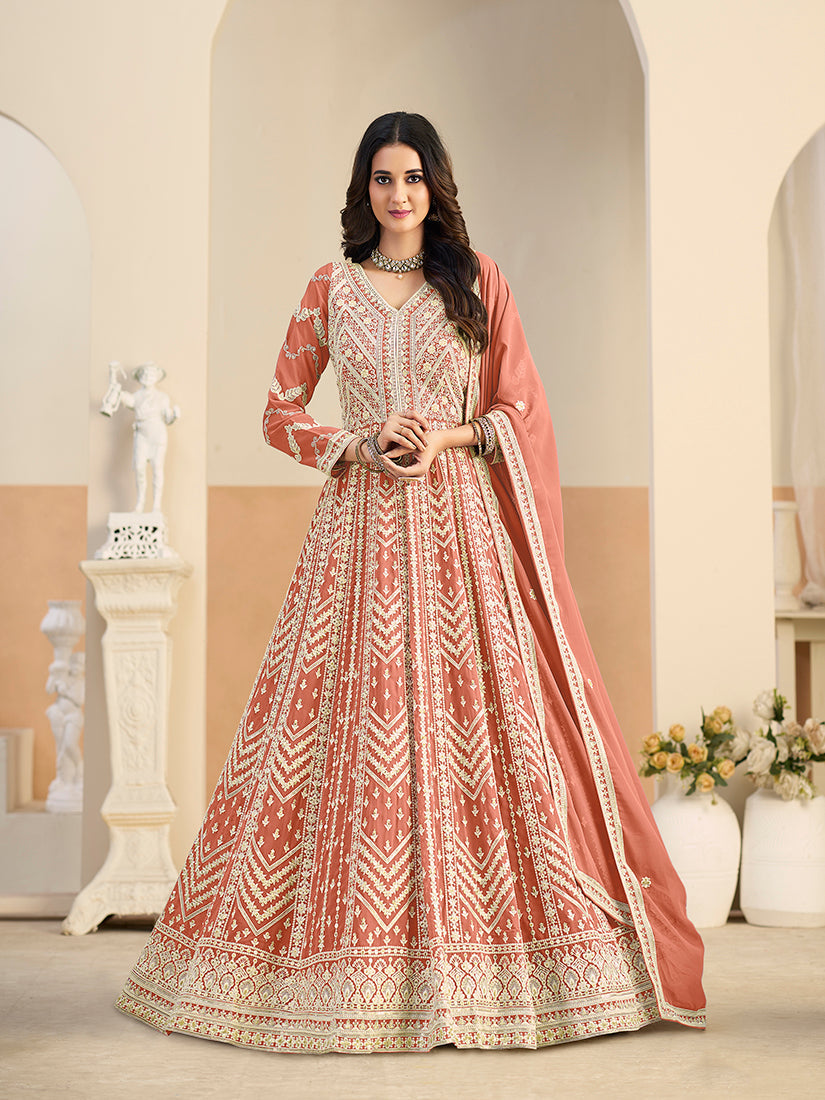Peach faux georgette Anarkali salwar kameez with detailed embroidery for women
