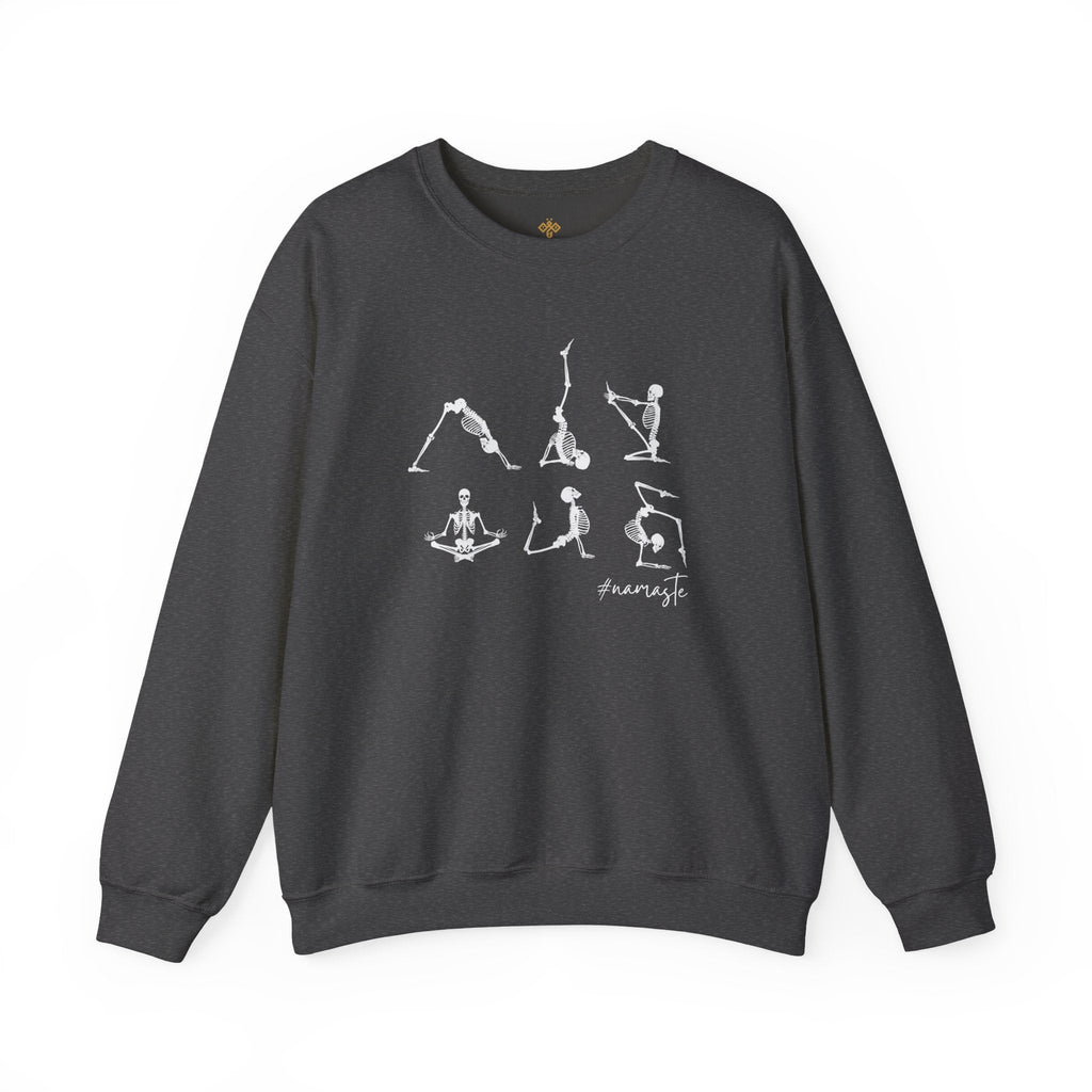 Namaste Halloween Yoga Skeleton Sweatshirt | Cozy Gildan Unisex Crewneck, Three Bees Co. Fall Fashion, Halloween Apparel, Spooky Season Essentials