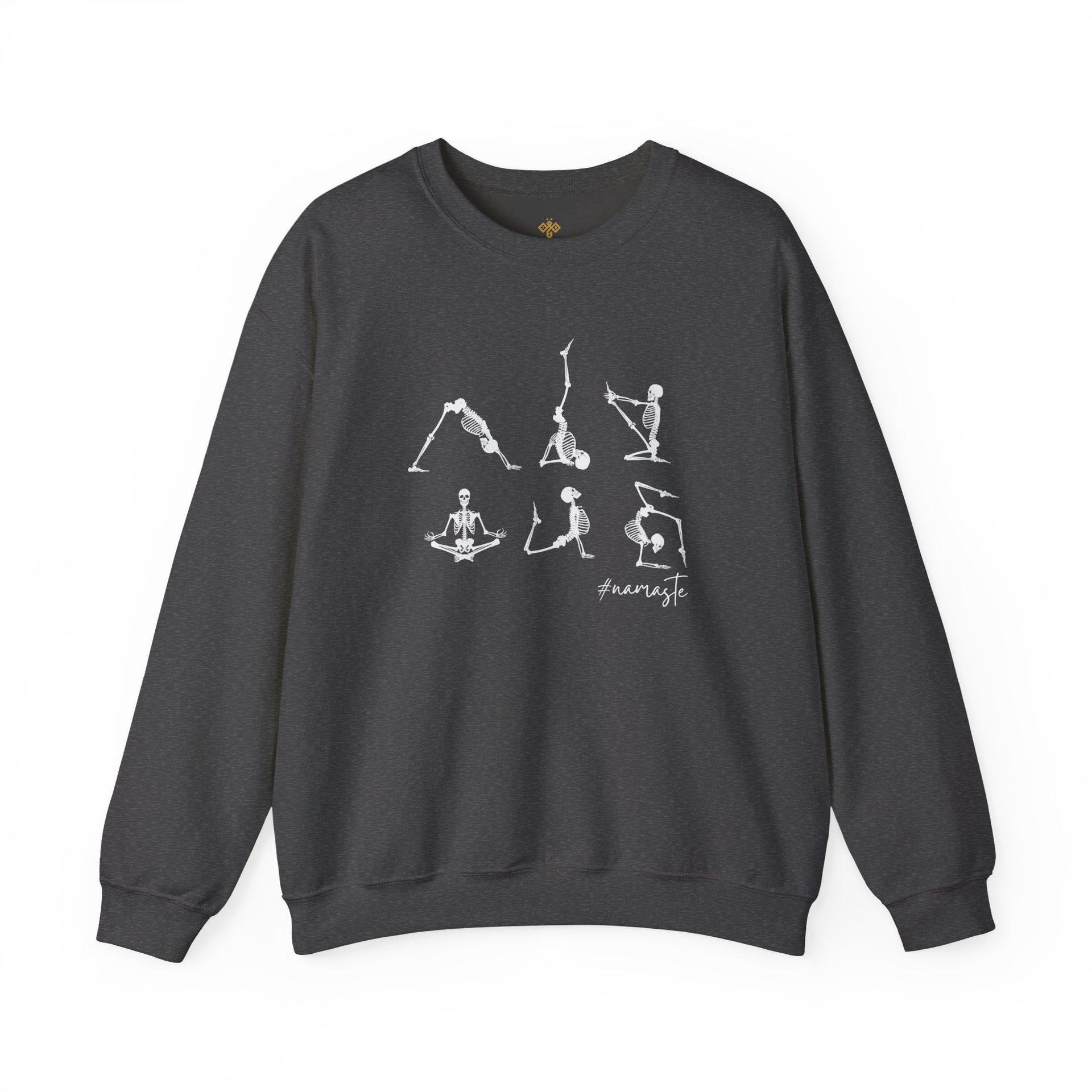 Namaste Halloween Yoga Skeleton Sweatshirt | Cozy Gildan Unisex Crewneck, Three Bees Co. Fall Fashion, Halloween Apparel, Spooky Season Essentials