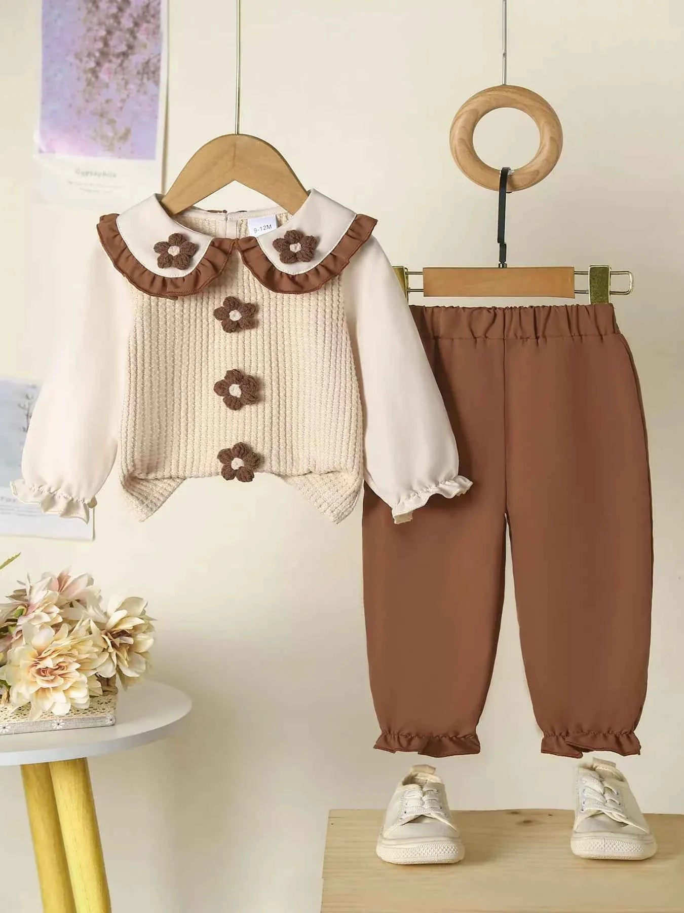 Children's Floral Applique Ruffle Trim Top and Pants Set