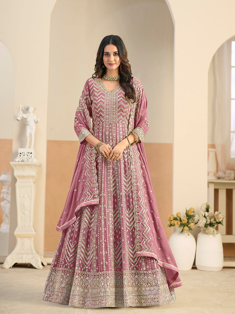 Pink faux georgette Anarkali salwar kameez with detailed resham embroidery