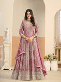 Pink faux georgette Anarkali salwar kameez with detailed resham embroidery
