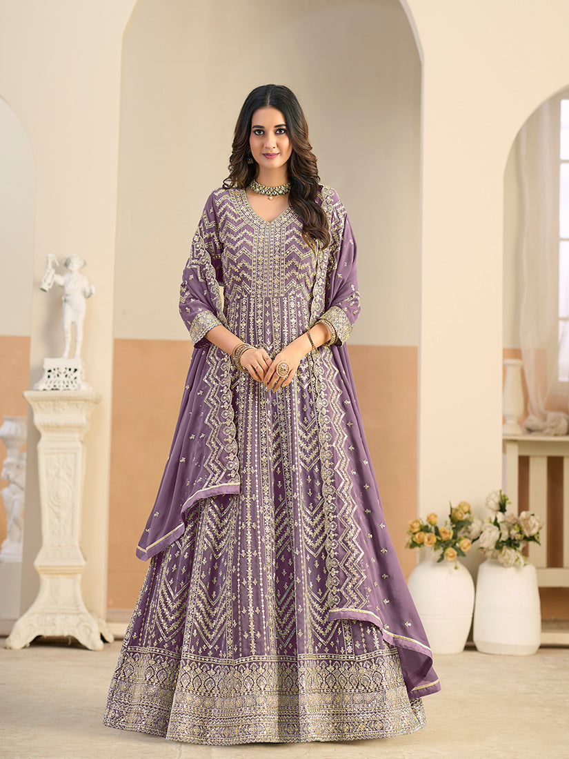 Lavender Faux Georgette Embroidered Anarkali Salwar Kameez