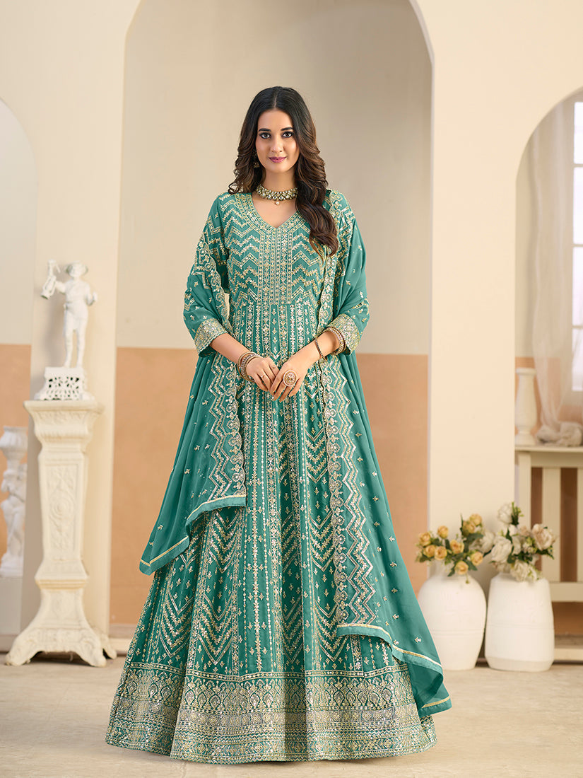 Turquoise Faux Georgette Anarkali Salwar Kameez with detailed embroidery and sequin embellishments