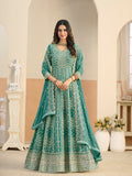 Turquoise Faux Georgette Anarkali Salwar Kameez with detailed embroidery and sequin embellishments