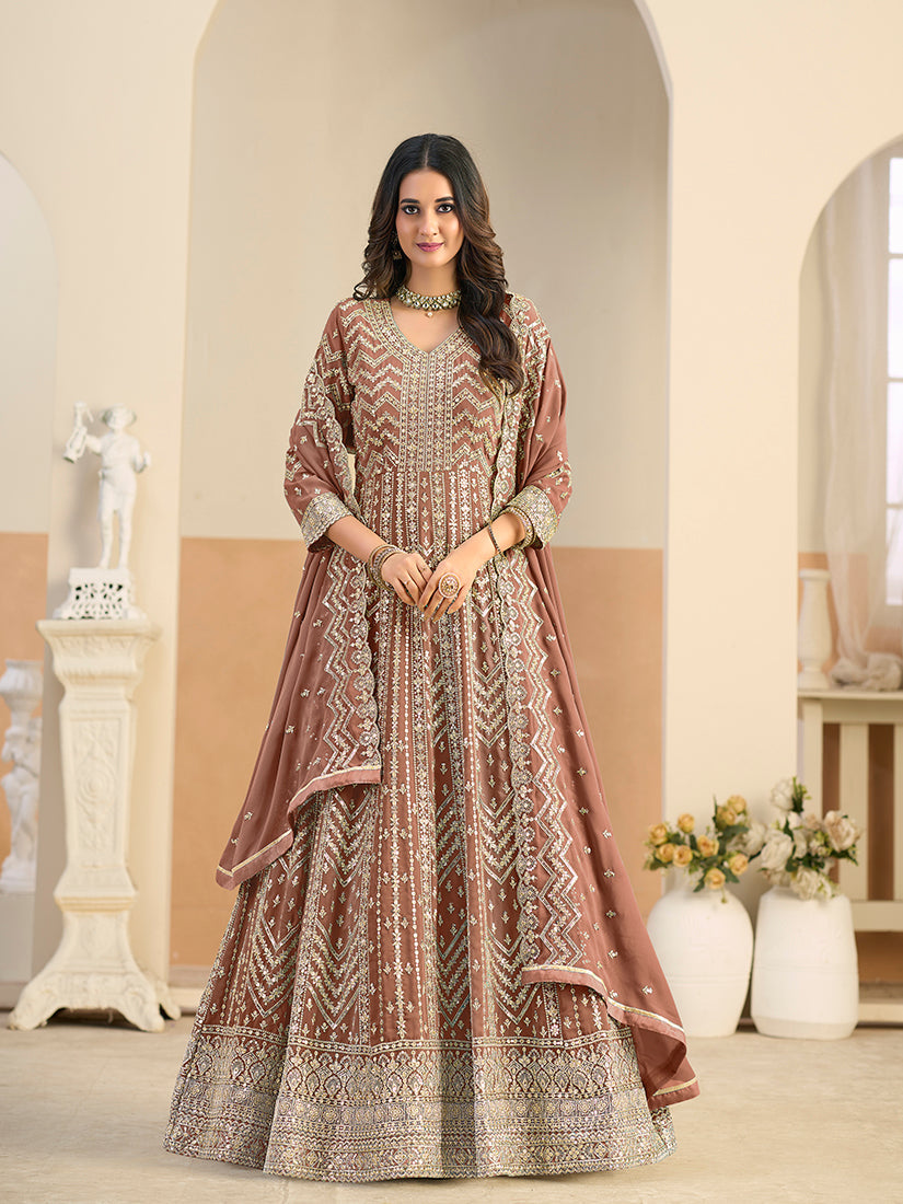 Brown Faux Georgette Embroidered Anarkali Salwar Kameez Suit