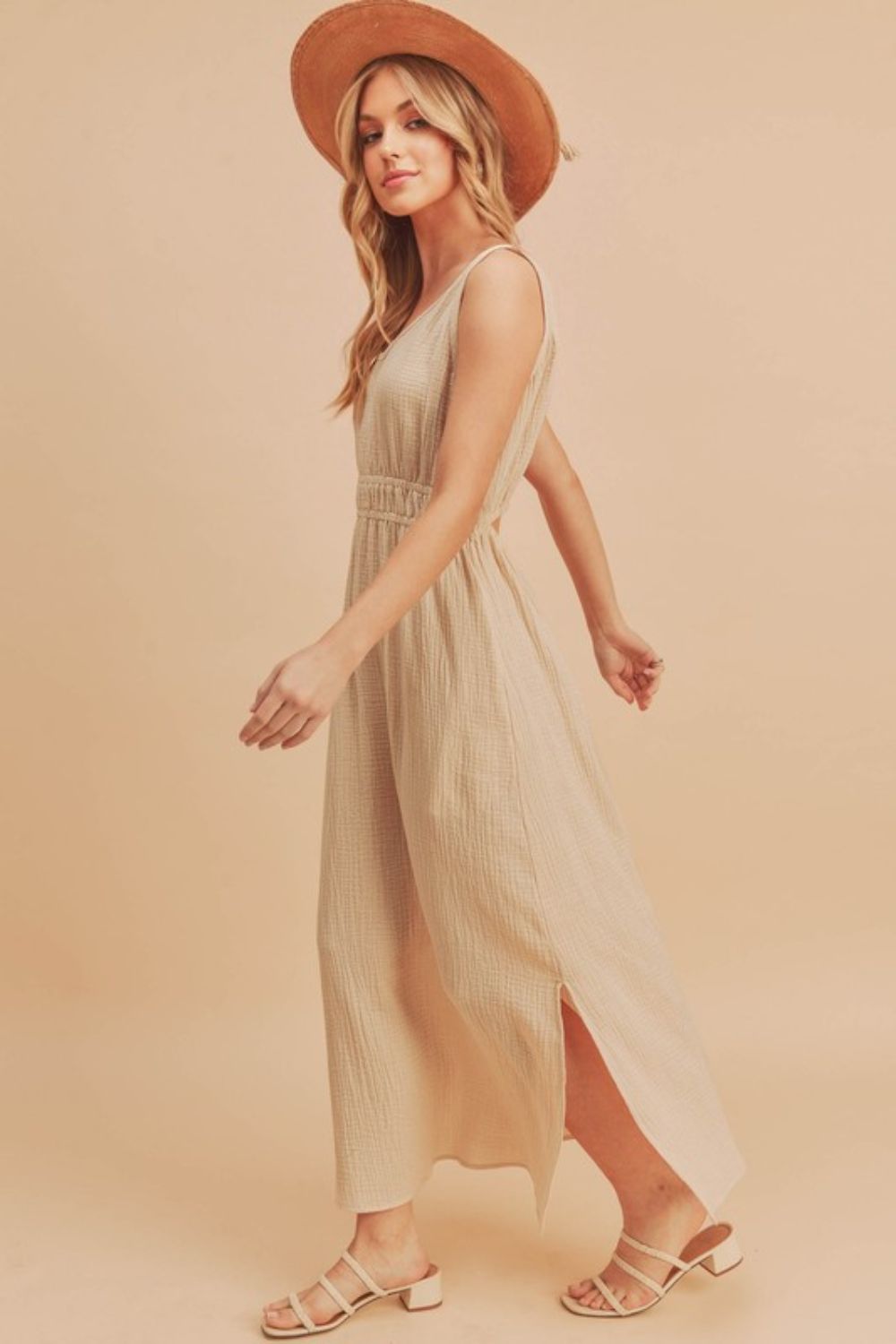 Beige Round Neck Sleeveless Maxi Tank Dress with Slits