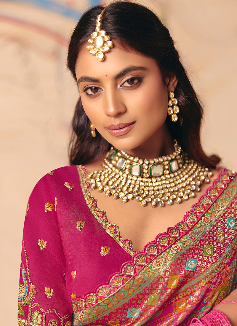 Rani Pink Embroidered Silk Blend Saree with Cutwork