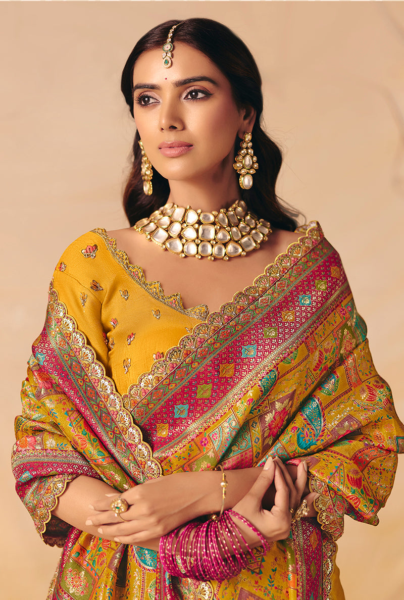 Mustard Silk Blend Saree with Traditional Cutwork and Lace
