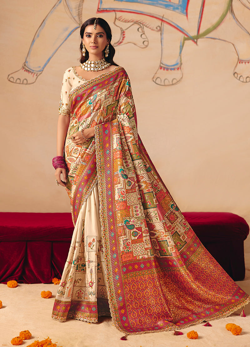 Cream silk blend saree with intricate embroidery, cutwork, and lace detailing