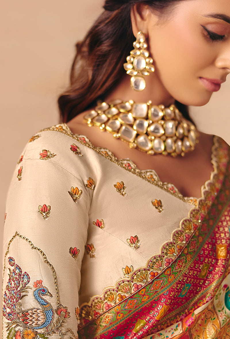 Cream Silk Blend Saree with Intricate Cutwork and Embroidery