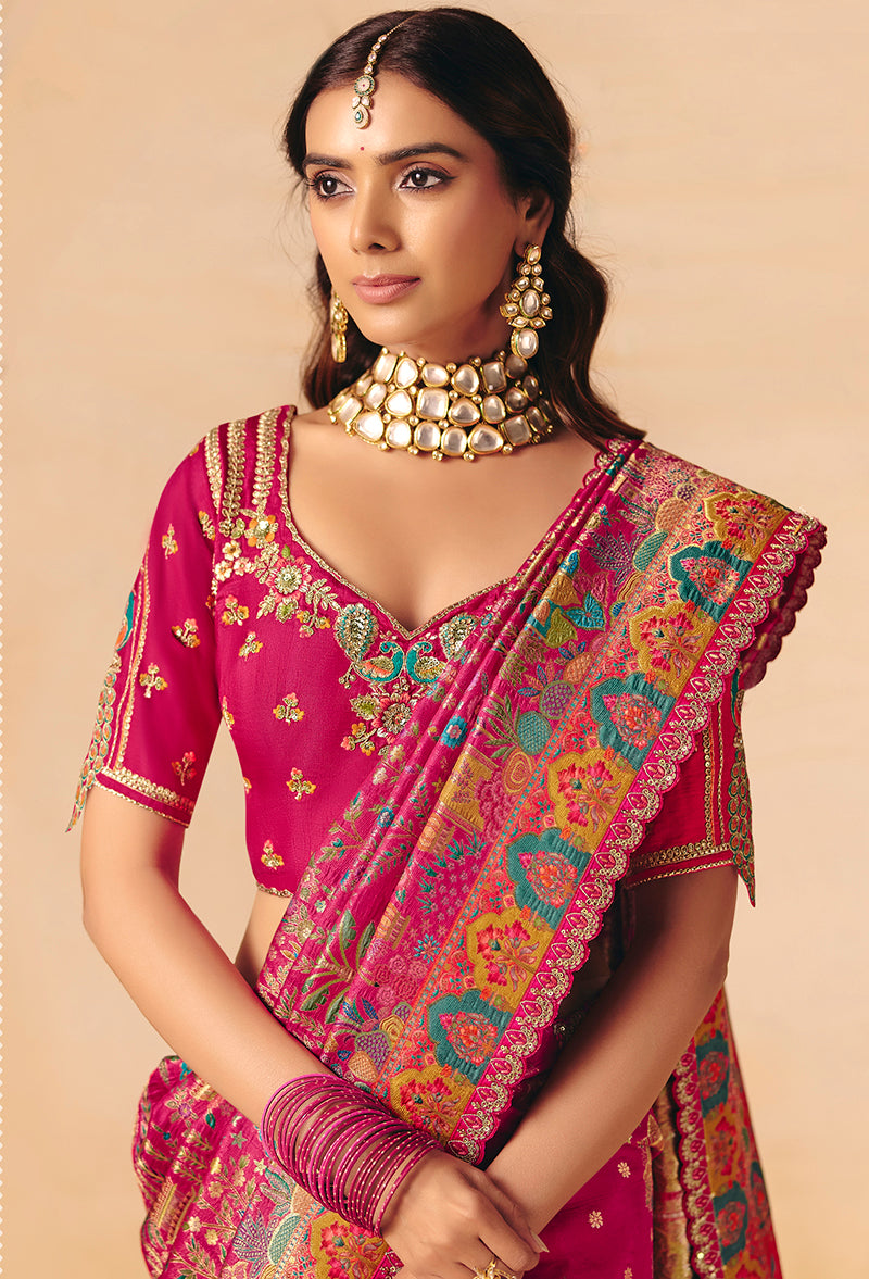 Rani Pink Embroidered Silk Blend Saree with Cutwork and Lace