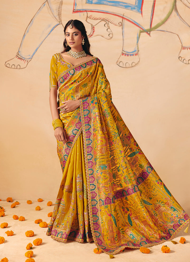 Mustard silk blend traditional saree with detailed lace, embroidery, and cutwork