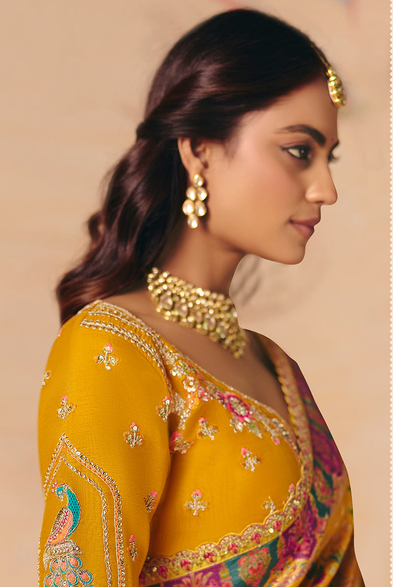 Mustard Silk Blend Embroidered Saree with Lace and Cutwork