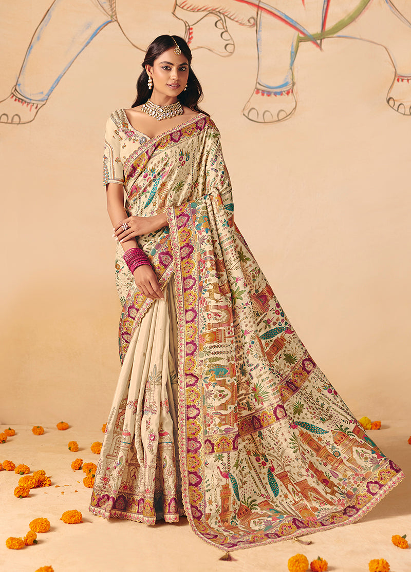 Cream silk blend saree featuring intricate embroidery, cutwork, and lace border