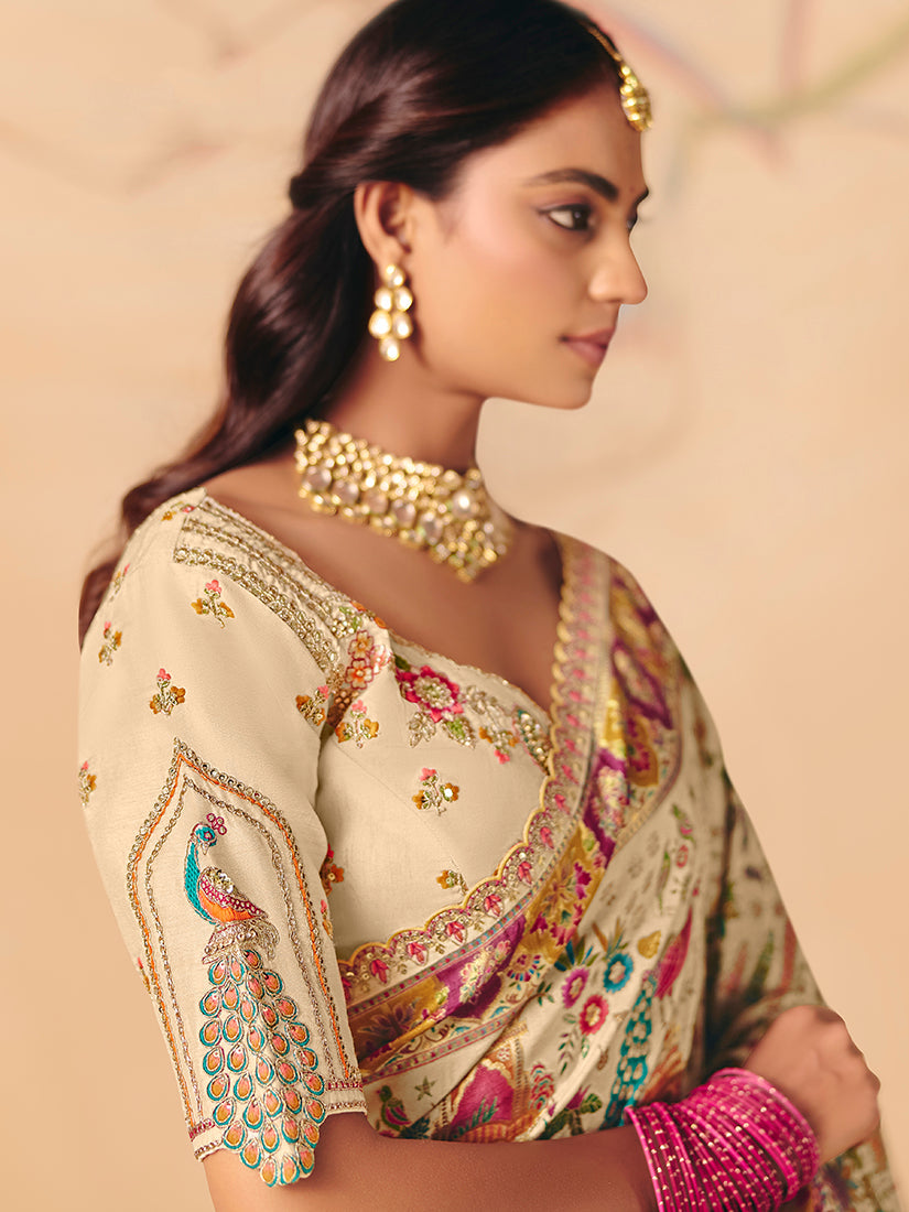 Cream Silk Blend Embroidered Saree with Cutwork and Lace Detail