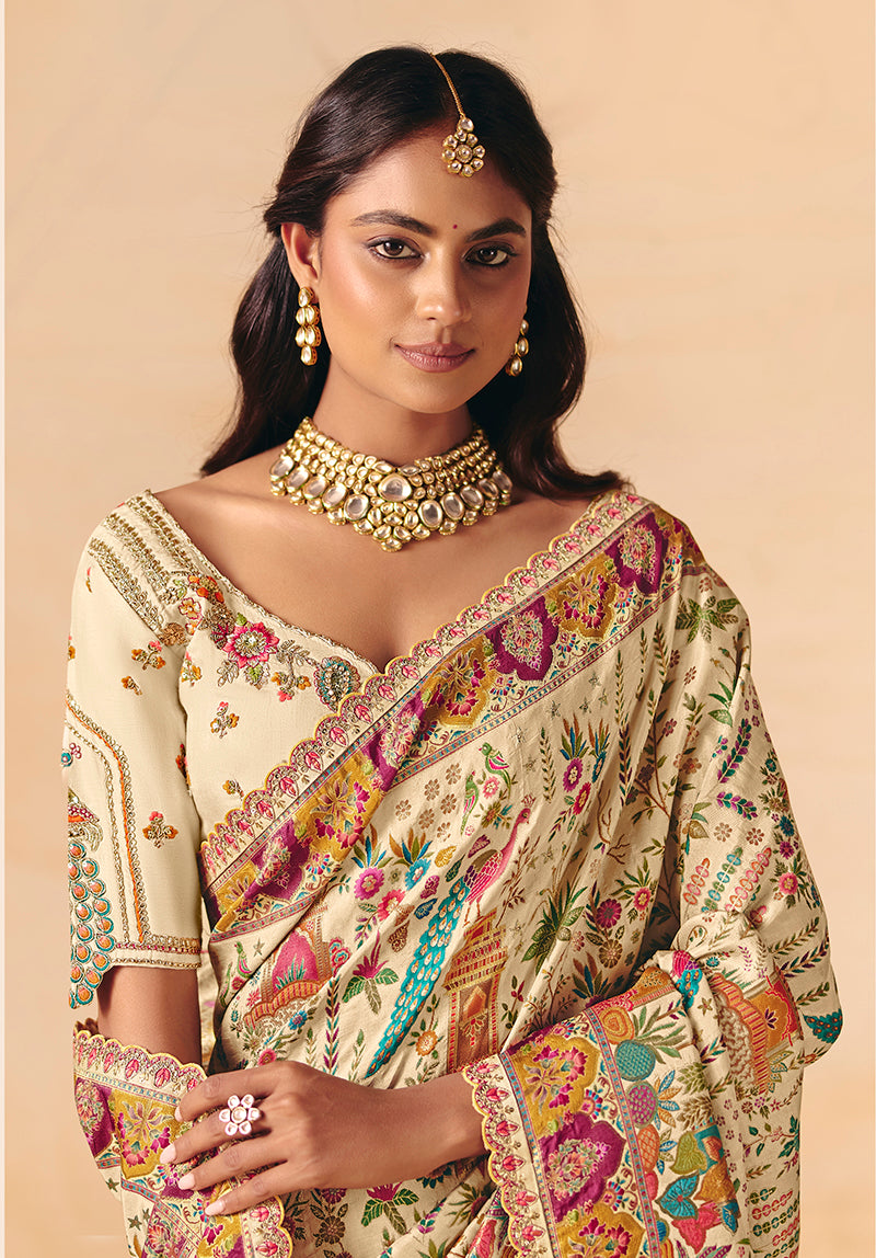 Cream Silk Blend Embroidered Saree with Cutwork and Lace Detail