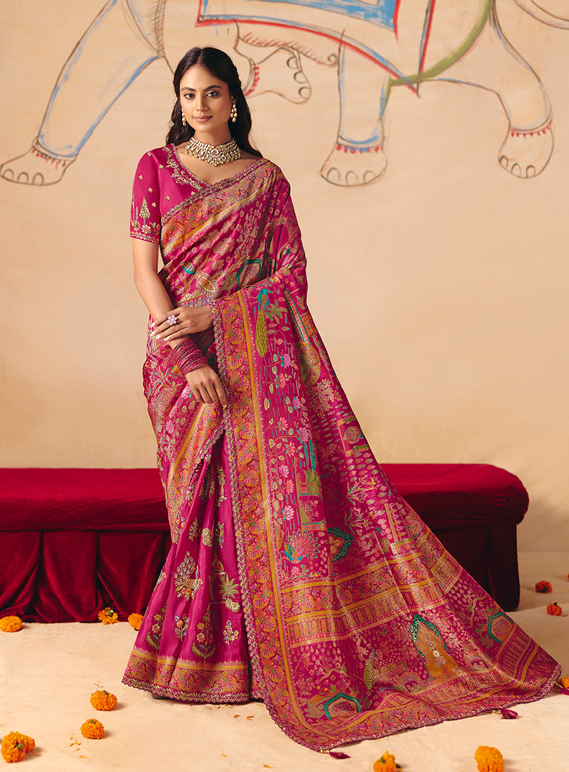 Rani Pink silk blend saree with traditional cutwork and embroidery