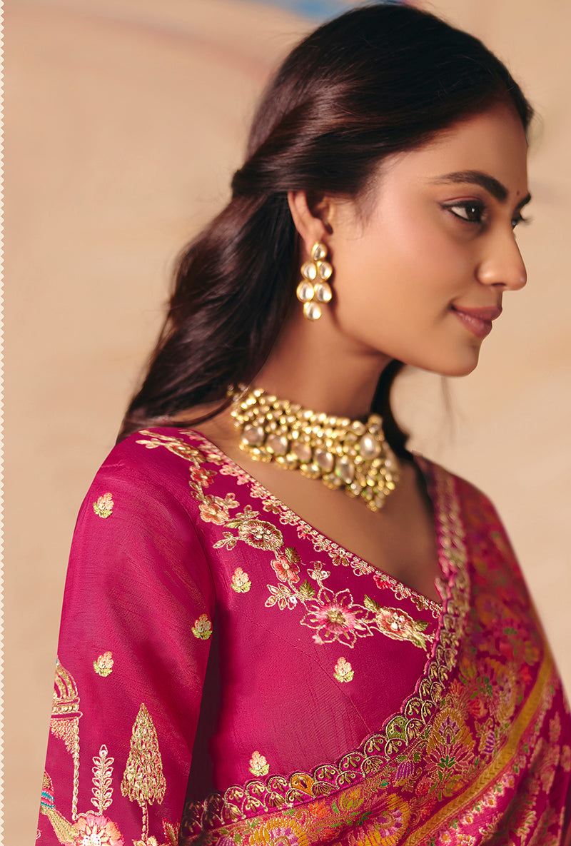 Rani Pink Traditional Silk Blend Embroidered Saree