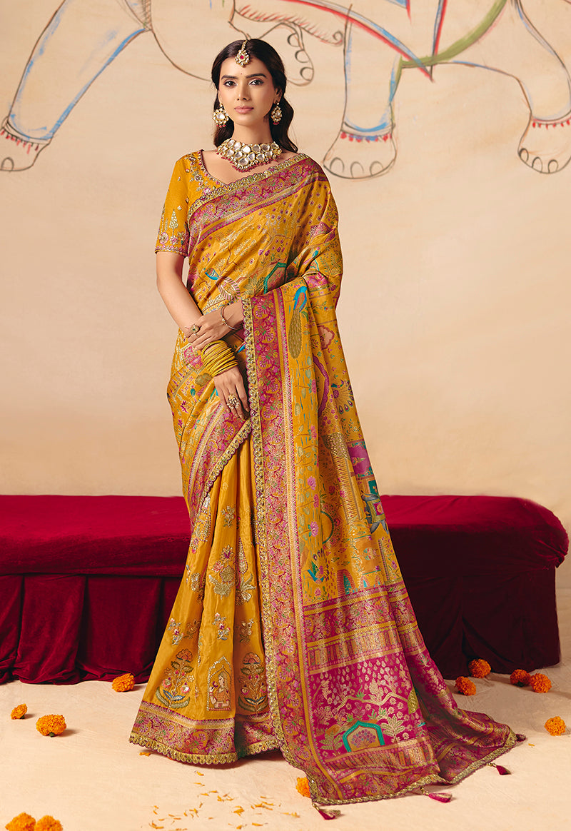 Mustard silk blend saree with lace border, cutwork, and embroidery