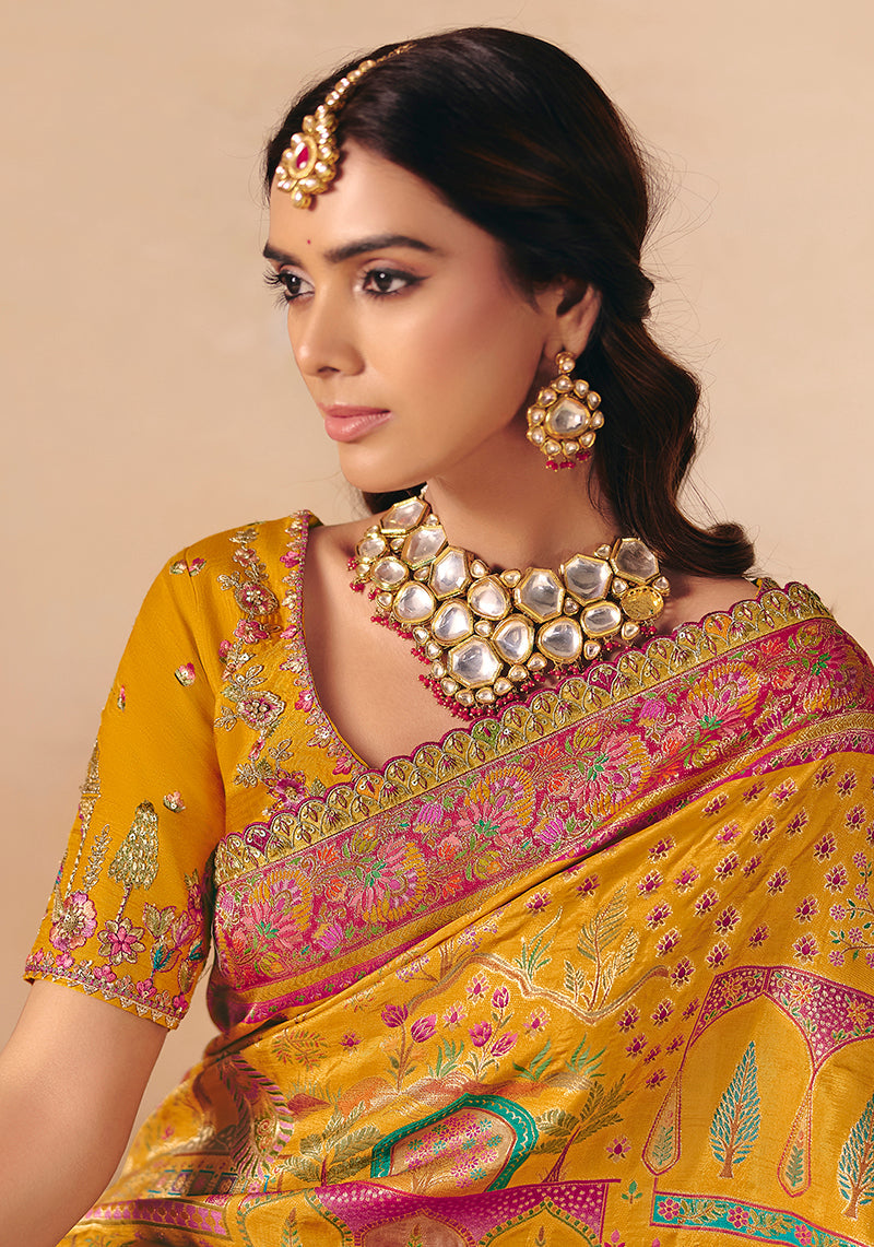 Mustard Silk Blend Saree with Cutwork and Lace Detail