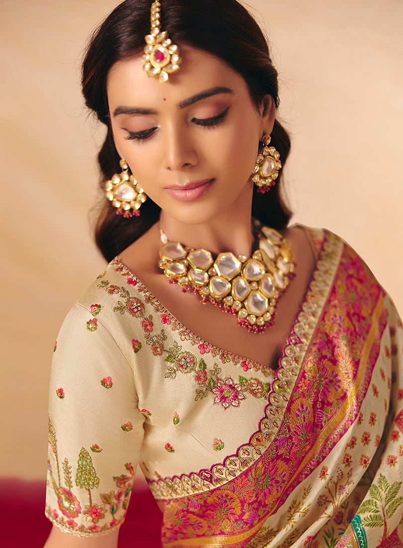 Traditional Cream Embroidered Silk Blend Saree with Cutwork