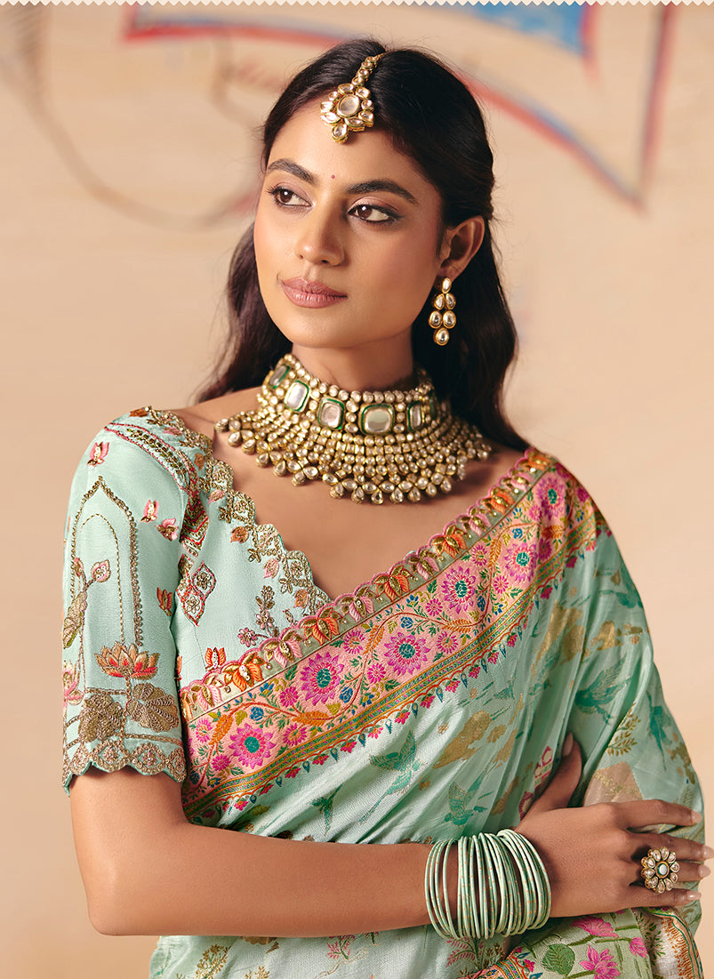 Aqua Blue Silk Blend Embroidered Saree with Cutwork Details