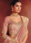 Pink silk blend saree with synchronized sequin and thread embroidery
