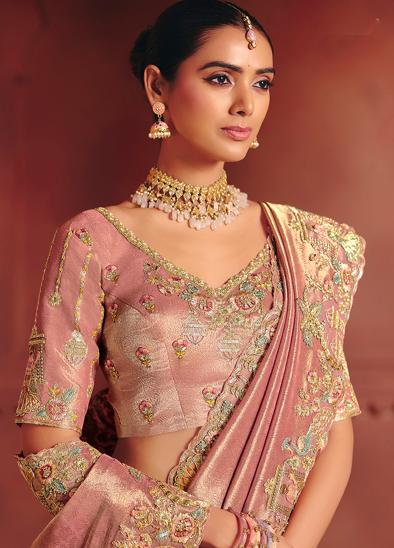 Pink silk blend saree with synchronized sequin and thread embroidery