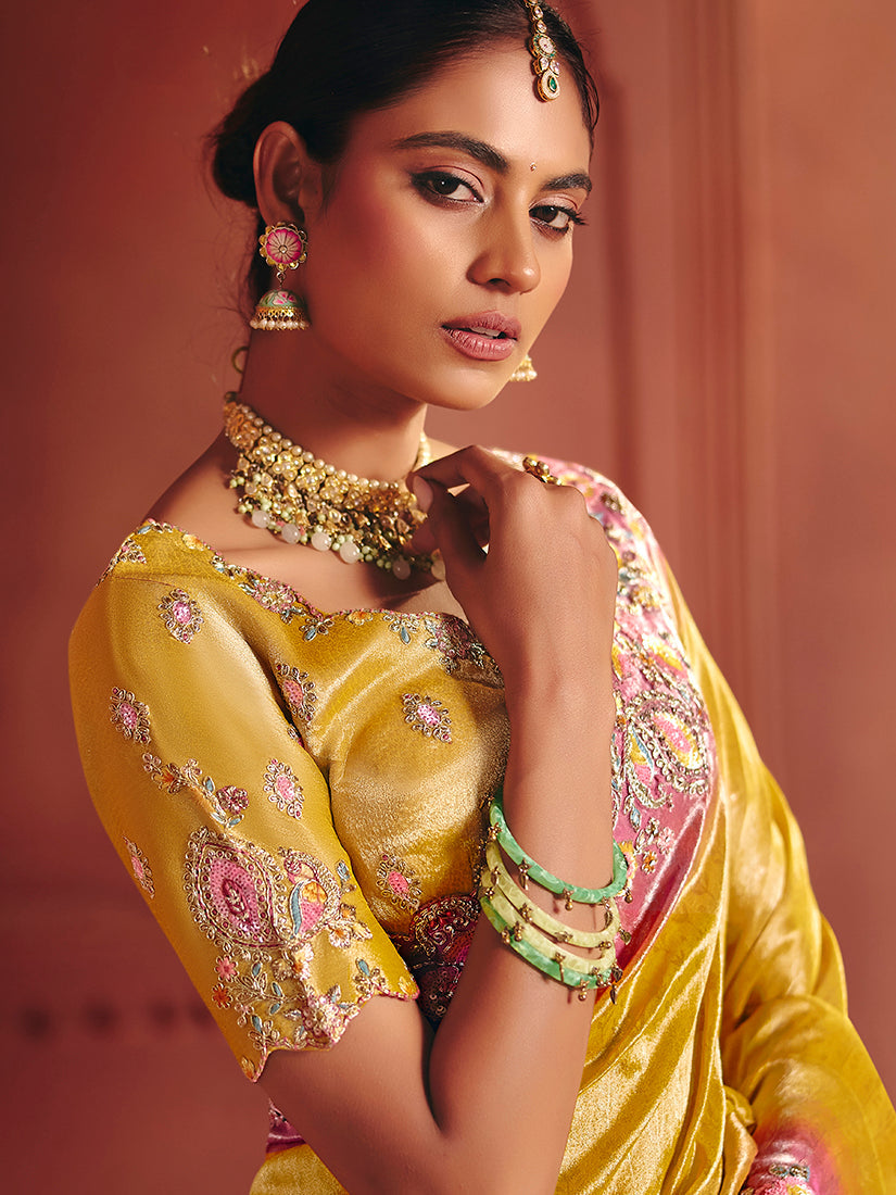 Yellow Silk Blend Embroidered Saree with Sequins and Thread Work