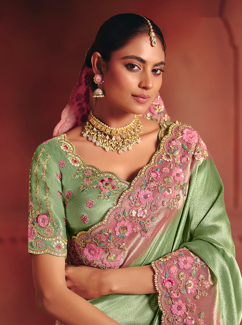 Sea Green Embroidered Silk Blend Saree with Sequin Work
