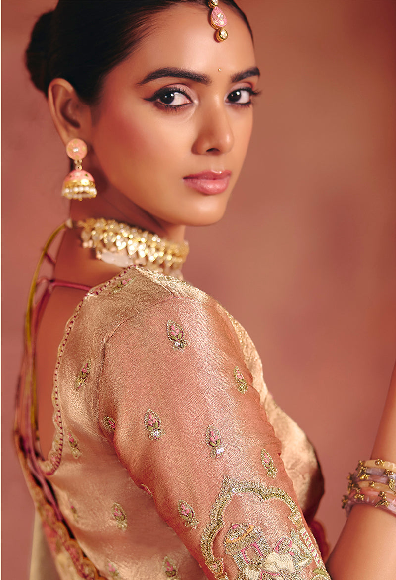 Beige Silk Blend Saree with Sequins and Embroidery