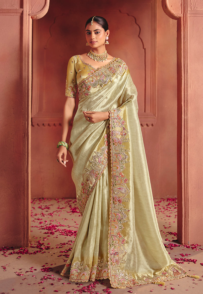 Pista Green silk blend saree with detailed sequin and thread embroidery