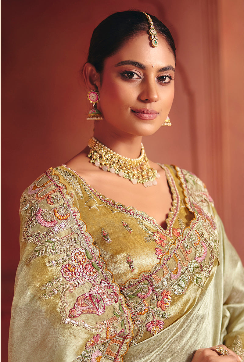 Pista Green Silk Blend Saree with Sequin Embroidery