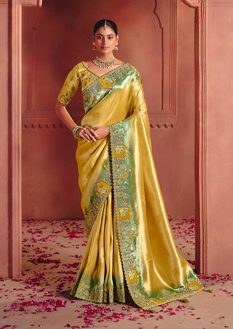 Mustard silk blend saree with intricate sequin and thread embroidery work