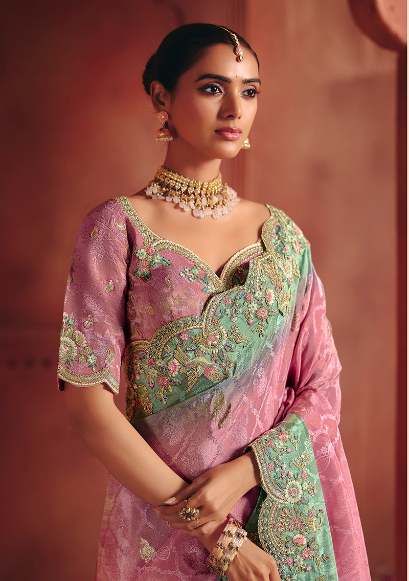 Pink Silk Blend Saree with Embroidered Sequins and Thread Work