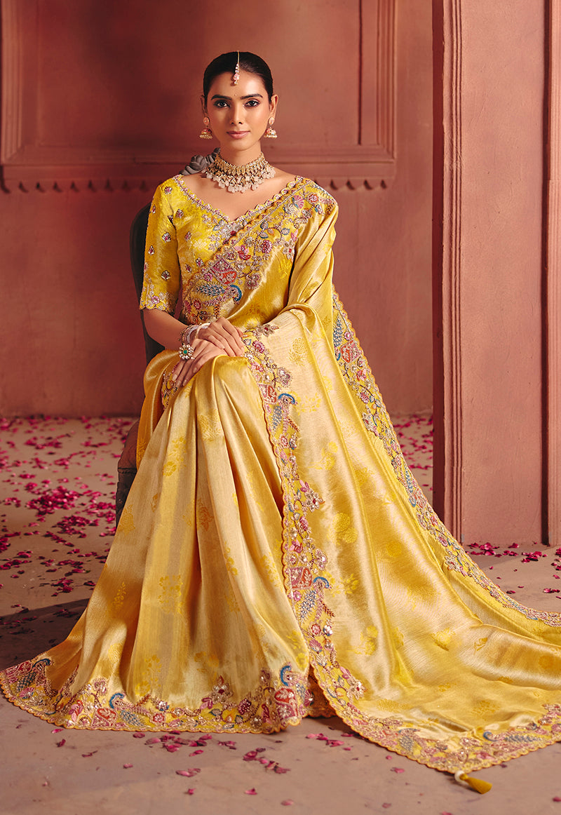 Yellow Silk Blend Saree with Sequin and Thread Embroidery