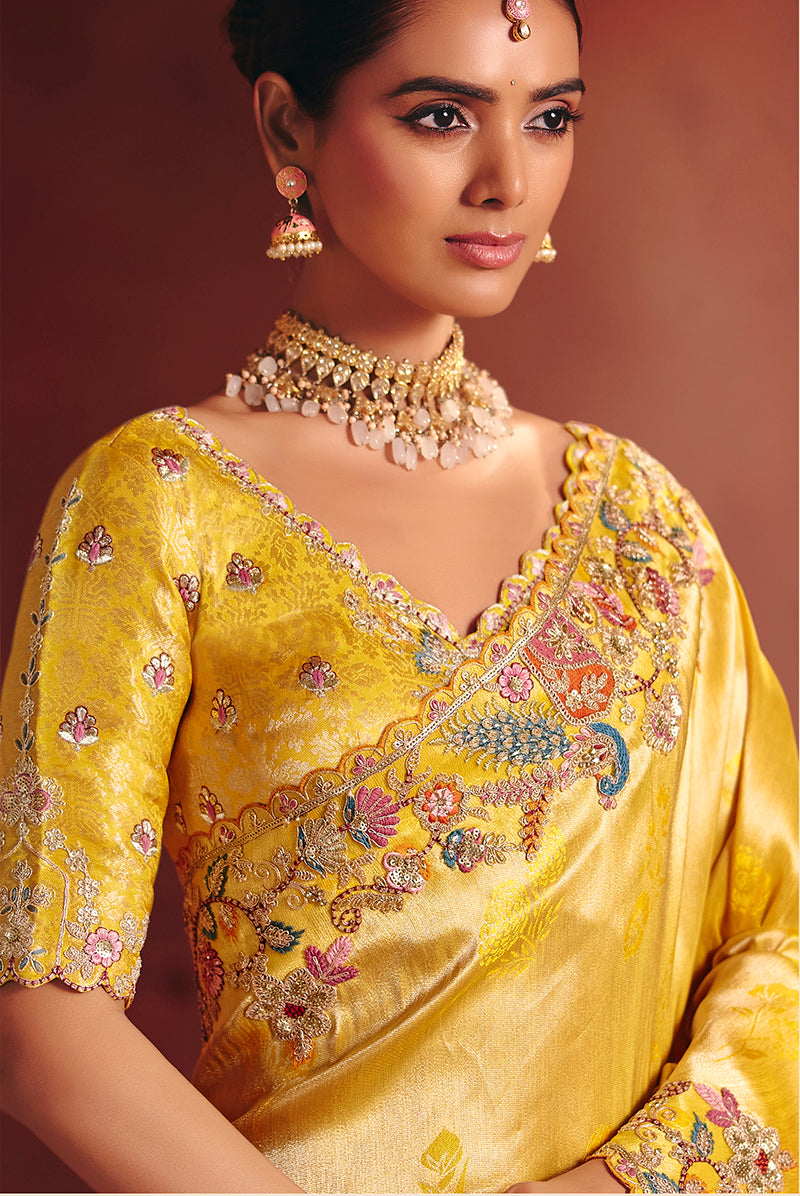 Yellow Silk Blend Saree with Sequin and Thread Embroidery