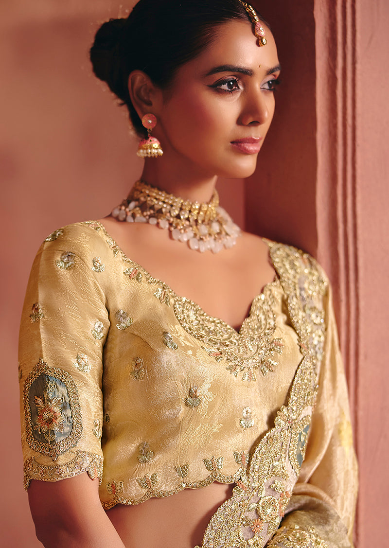 Multicolor Jacquard Embroidered Wedding Saree with Unstitched Blouse
