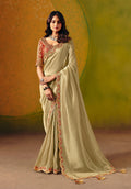 Beige silk blend saree with intricate sequin and thread embroidery