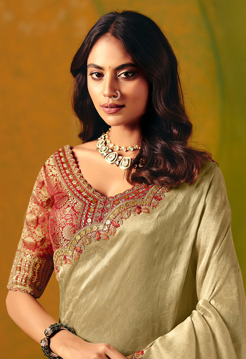 Beige Silk Blend Embroidered Saree with Sequins