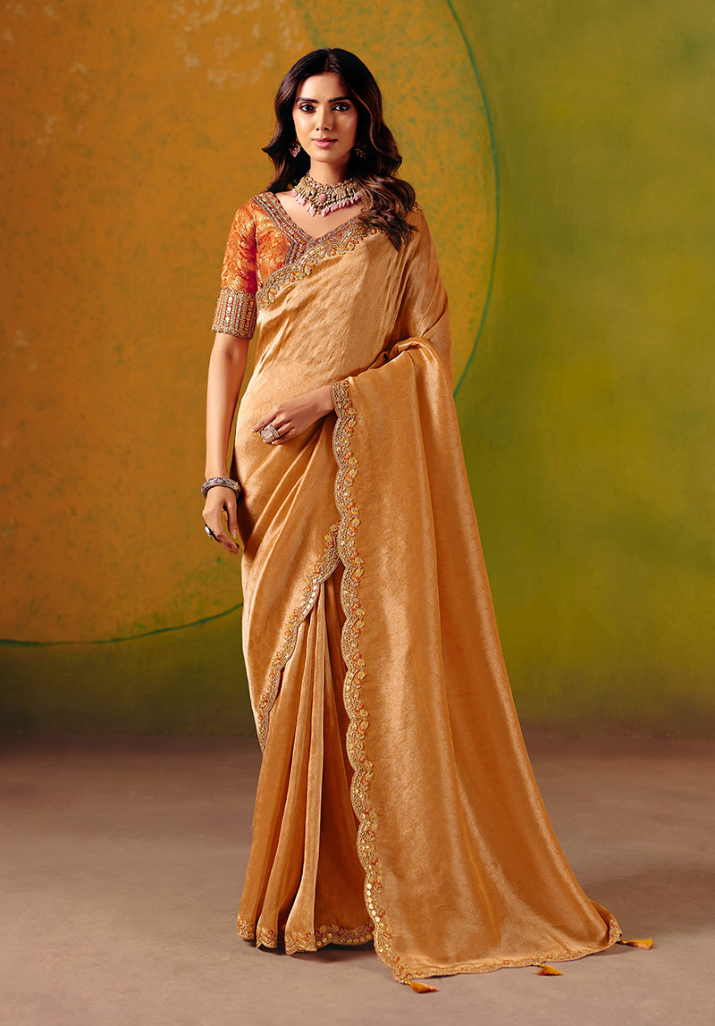 Peach Silk Blend Saree with Sequin and Thread Embroidery