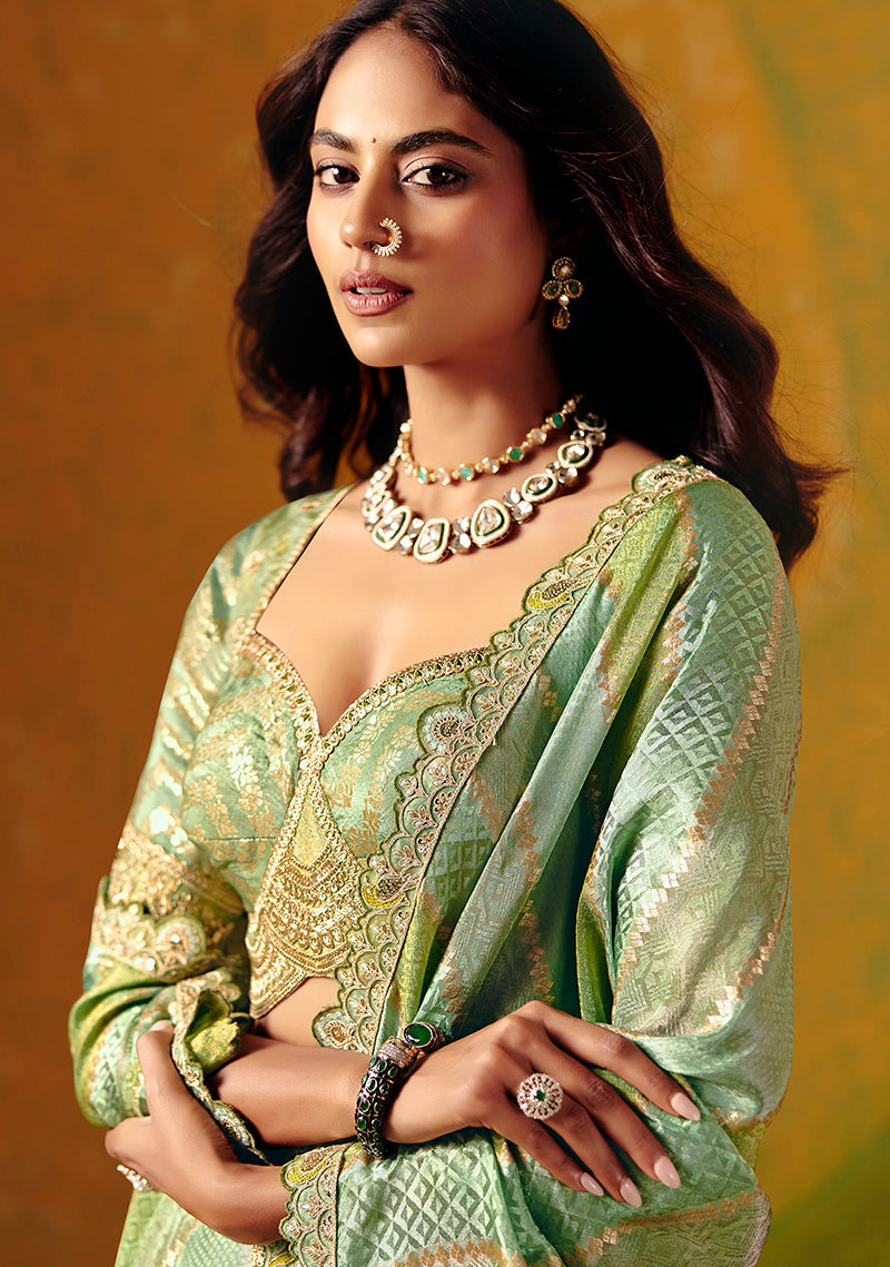 Sea Green Jacquard Saree with Sequin and Thread Embroidery